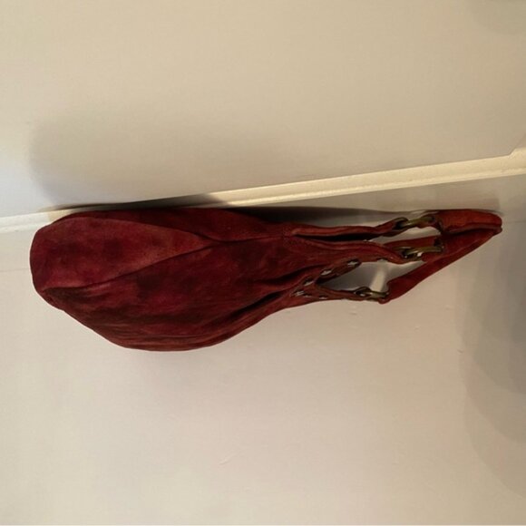 MAURIZIO TAIUTI ITALY BAG HAND RED SUEDE LEATHER BRONZE COLOR STUDS SNAP TOP - Picture 5 of 13